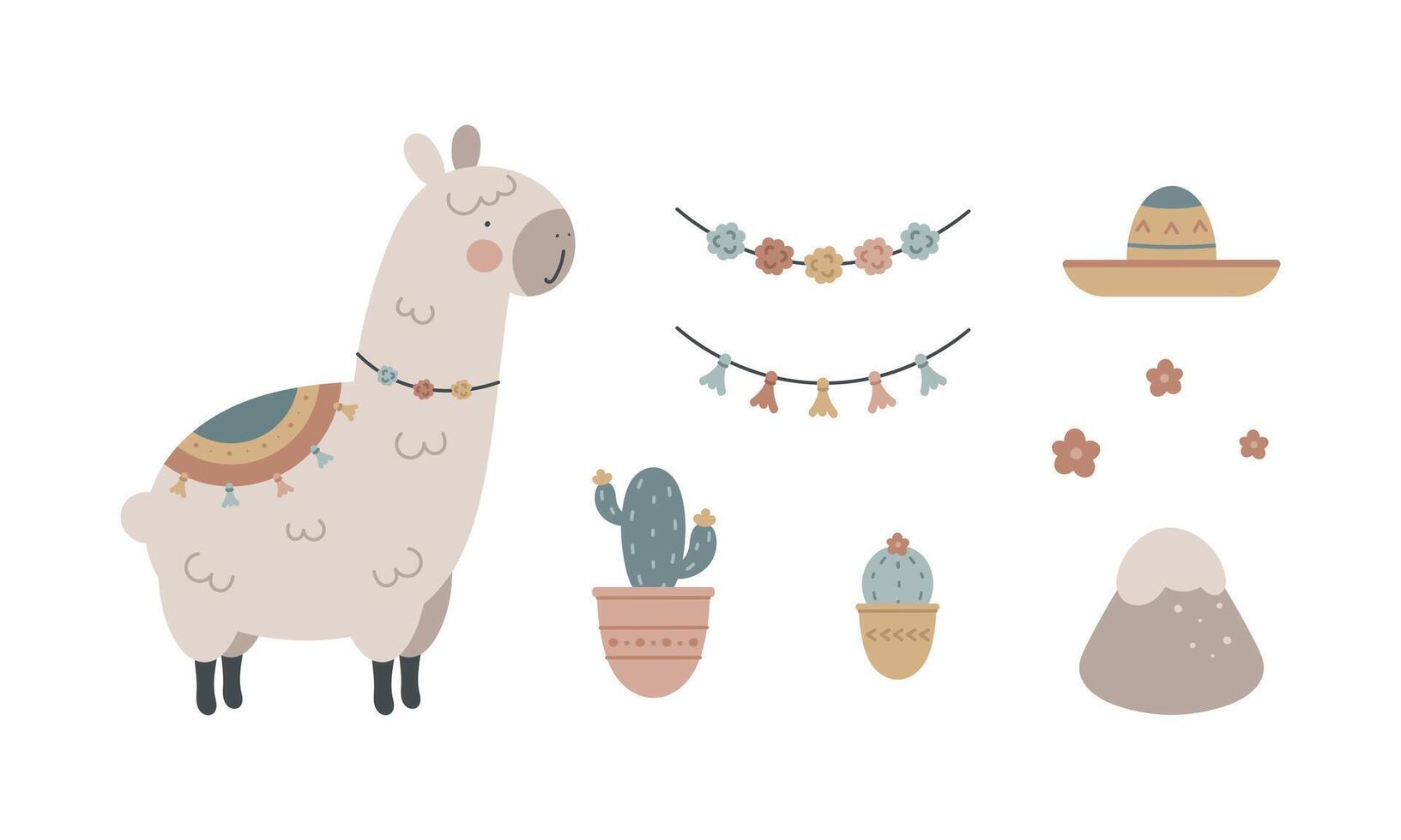 impostato con carino lama. lama, ghirlanda, cactus, sombrero, fiore, montagna. per per bambini disegno, tessuto, avvolgere, carte, tessile, sfondo, abbigliamento. isolato su bianca sfondo. vettore