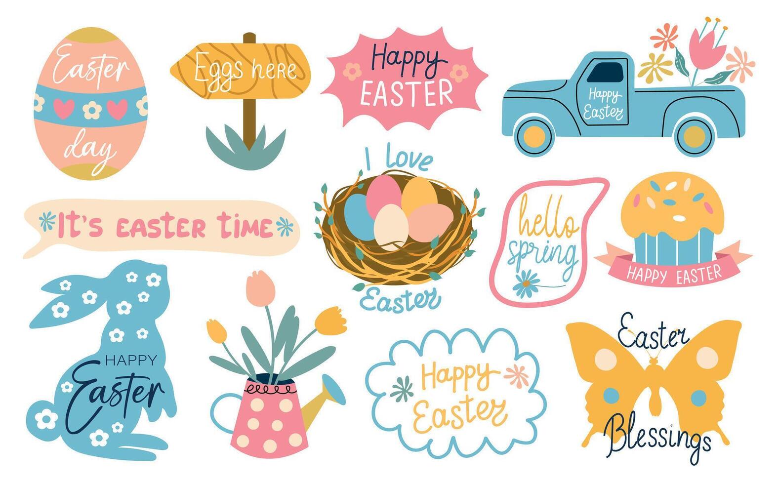 impostato di contento Pasqua scritta. primavera Pasqua carino animale personaggi e giardino elementi. collezione di lettering con Pasqua coniglietto e uovo. festivo Pasqua logo. vettore