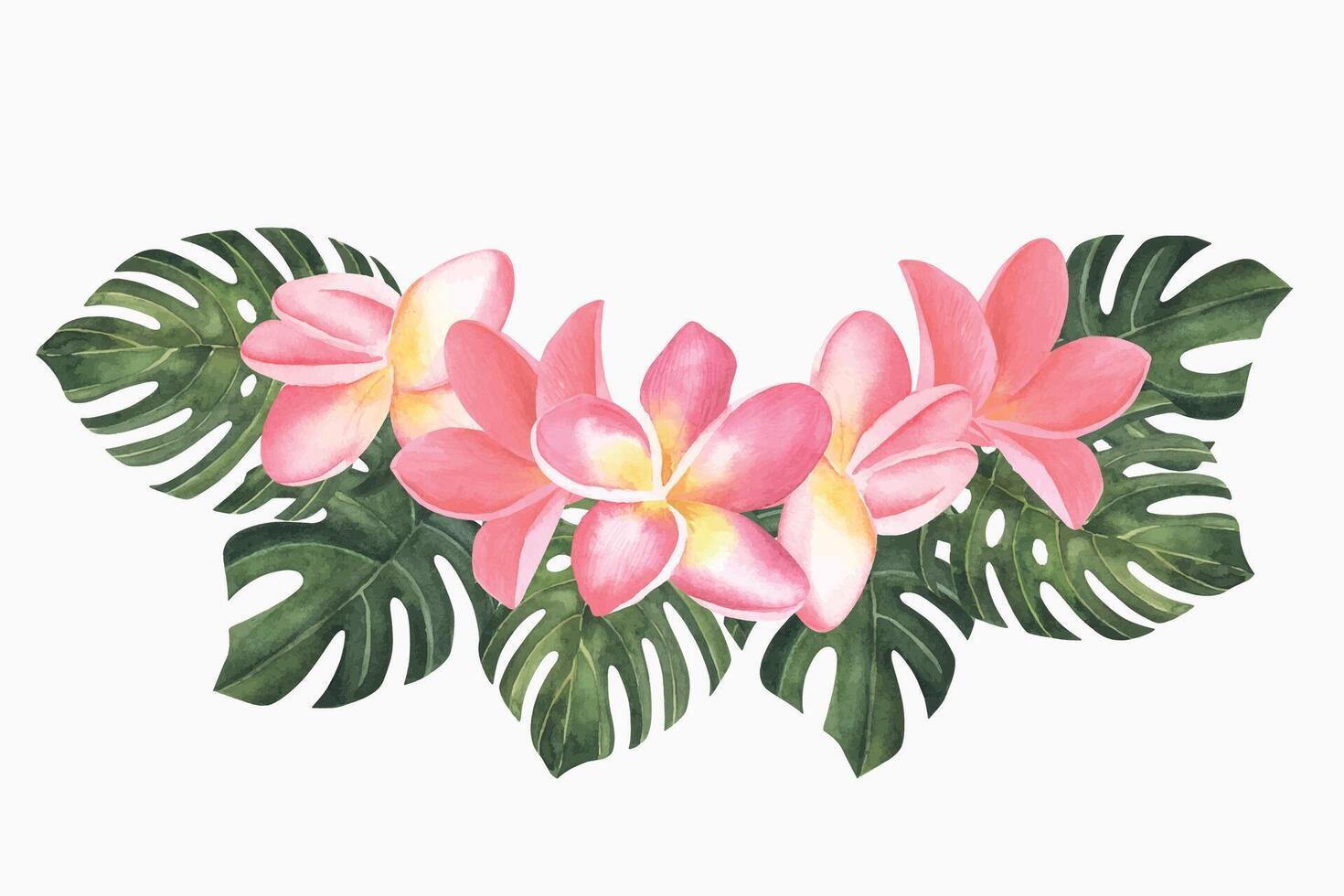 plumeria rosa fiori acquerello illustrazione. mano disegnato schizzo di frangipani mazzo. tropicale confine con esotico impianti per terme inviti o saluto carte design. fioritura giungla composizione vettore