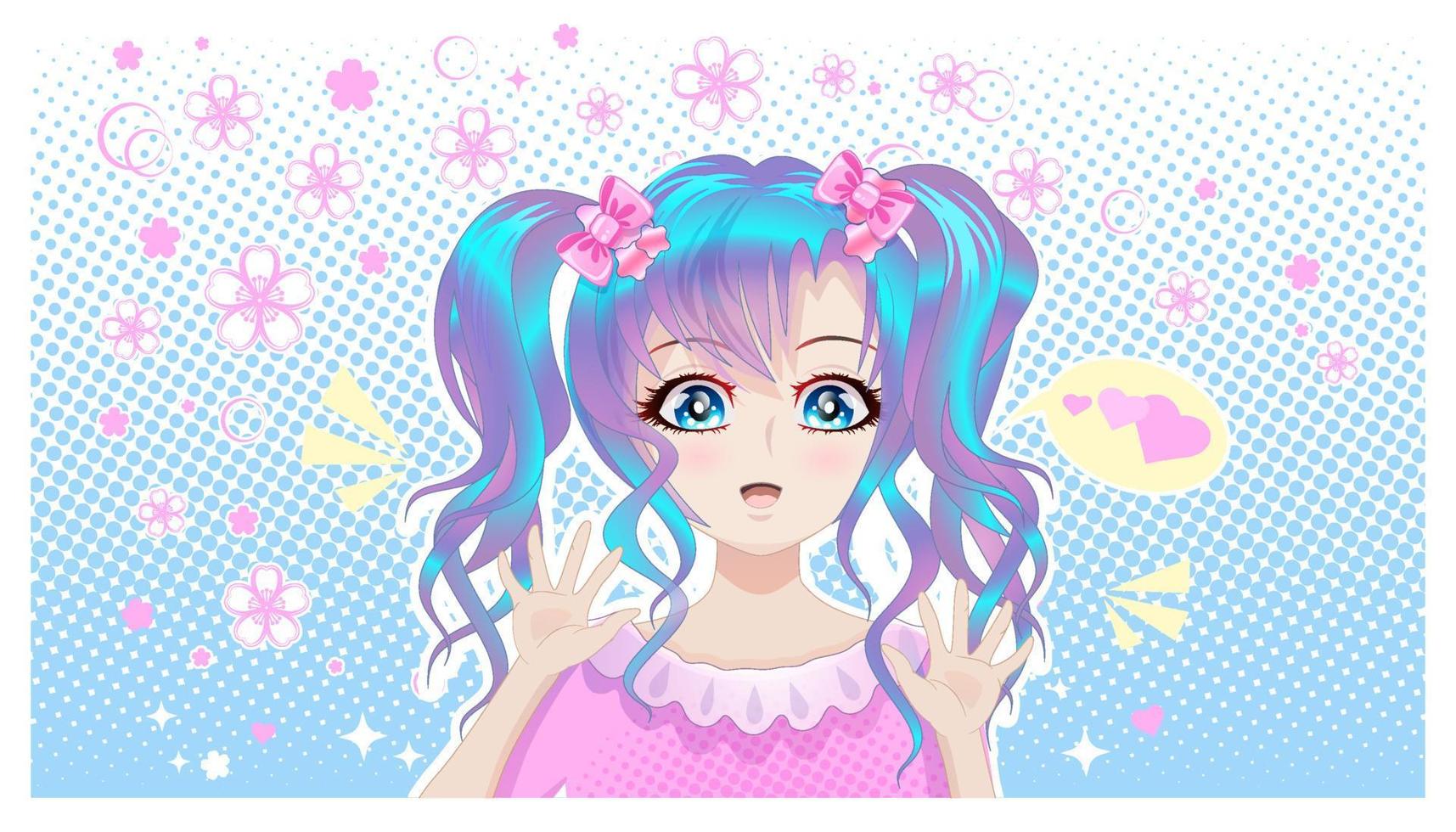 bella ragazza con i capelli blu e gli occhi azzurri in stile anime. sfondo rosa mezzitoni. vettore