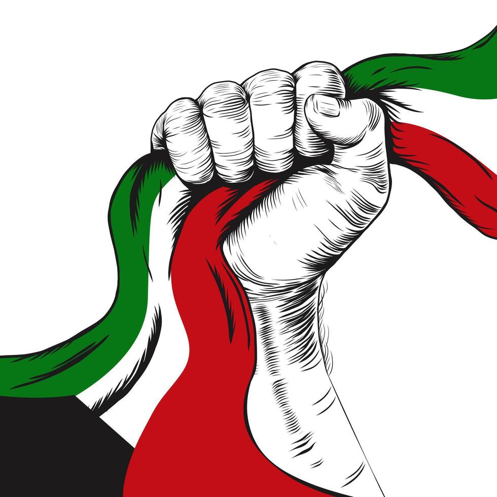 25 febbraio. contento indipendenza giorno vacanza. saluto carta per il nazione di Kuwait con stretto pugni e Kuwait bandiera nastro. illustrazione di mano Tenere Kuwait bandiera per bandiera vettore