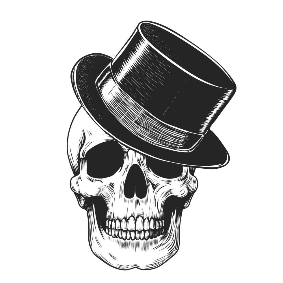 mano disegnato brutale umano cranio con gentiluomini superiore cappello. monocromatico nero e bianca illustrazione Stampa su t camicie e souvenir. Vintage ▾ tatuaggio mano disegnato stile. inciso incisione acquaforte stile vettore