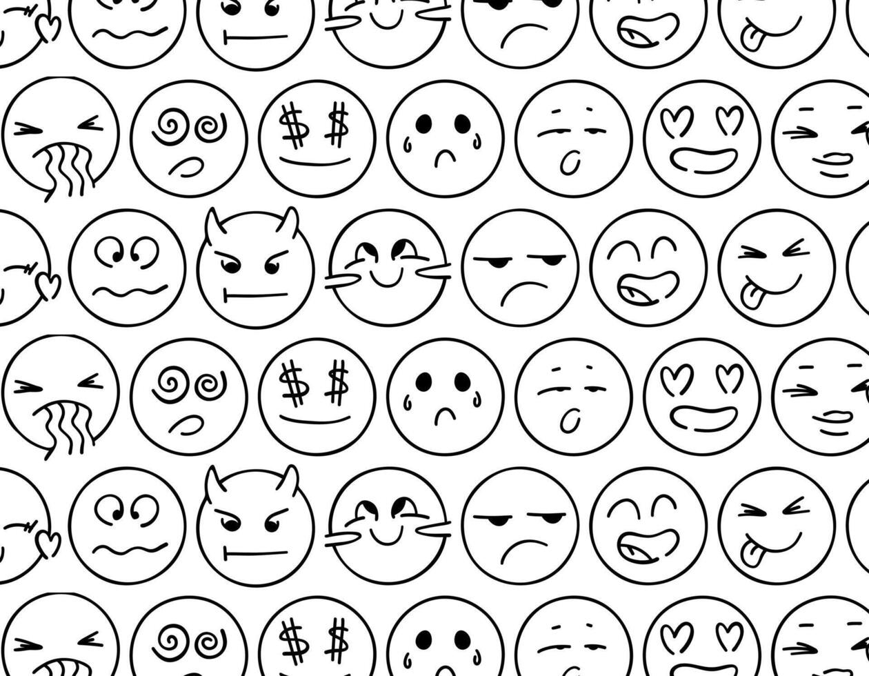 modello scarabocchio emozioni emoji. scarabocchio di carino emozioni su un' bianca sfondo. illustrazione. un' imballare di diverso emoticon espressioni vettore