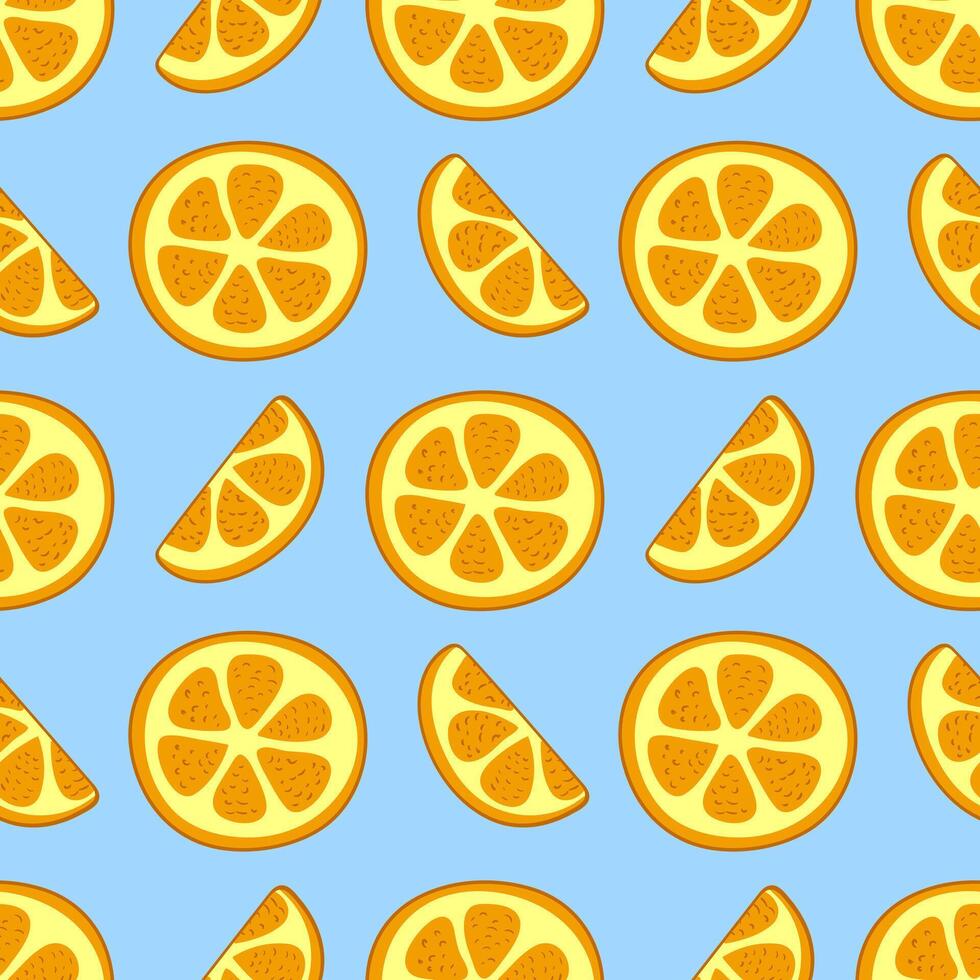 modello pezzi di arance su un' blu sfondo. fetta e cerchio di agrume frutta. acida gusto. estate modello. luminosa colori. illustrazione. vettore