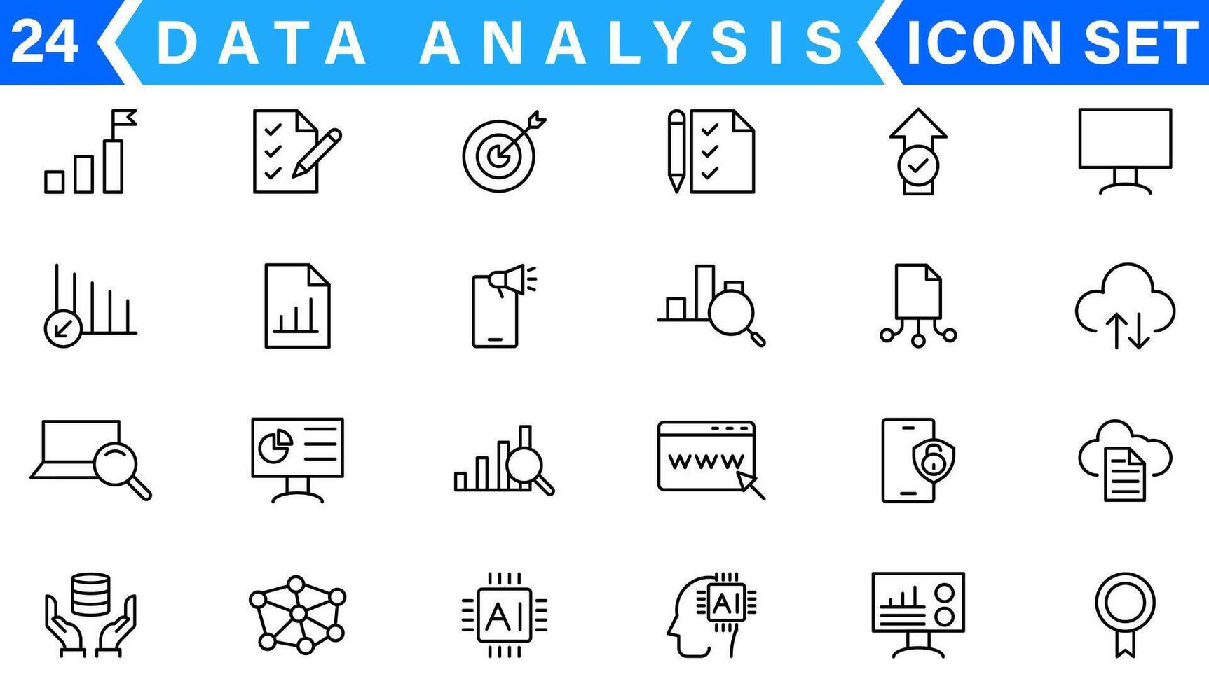 dati analisi linea icone impostare. analisi, server, estrazione, dati filtro, traffico, ai, ospitando, monitoraggio. statistica e analitica schema icone collezione vettore