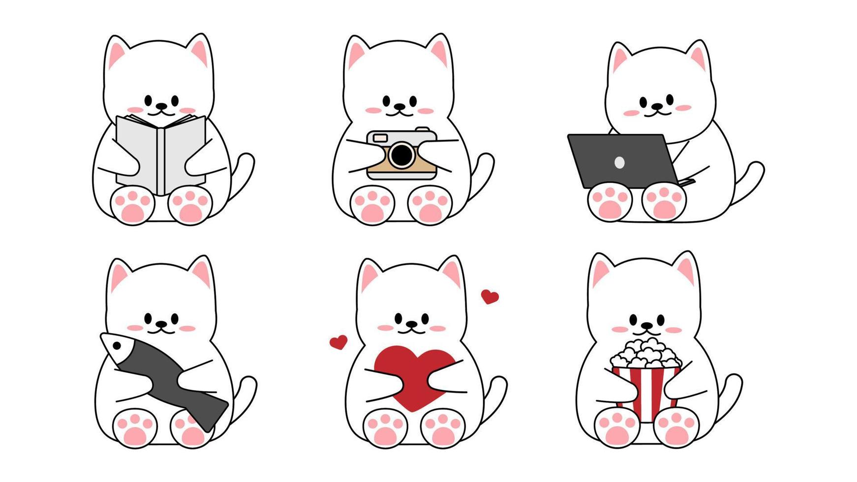 raccolta di diversi simpatici gattini su uno sfondo bianco. set kawaii di simpatici personaggi animali design in stile cartone animato. gatto domestico. adesivi per bambini. illustrazione vettoriale. vettore