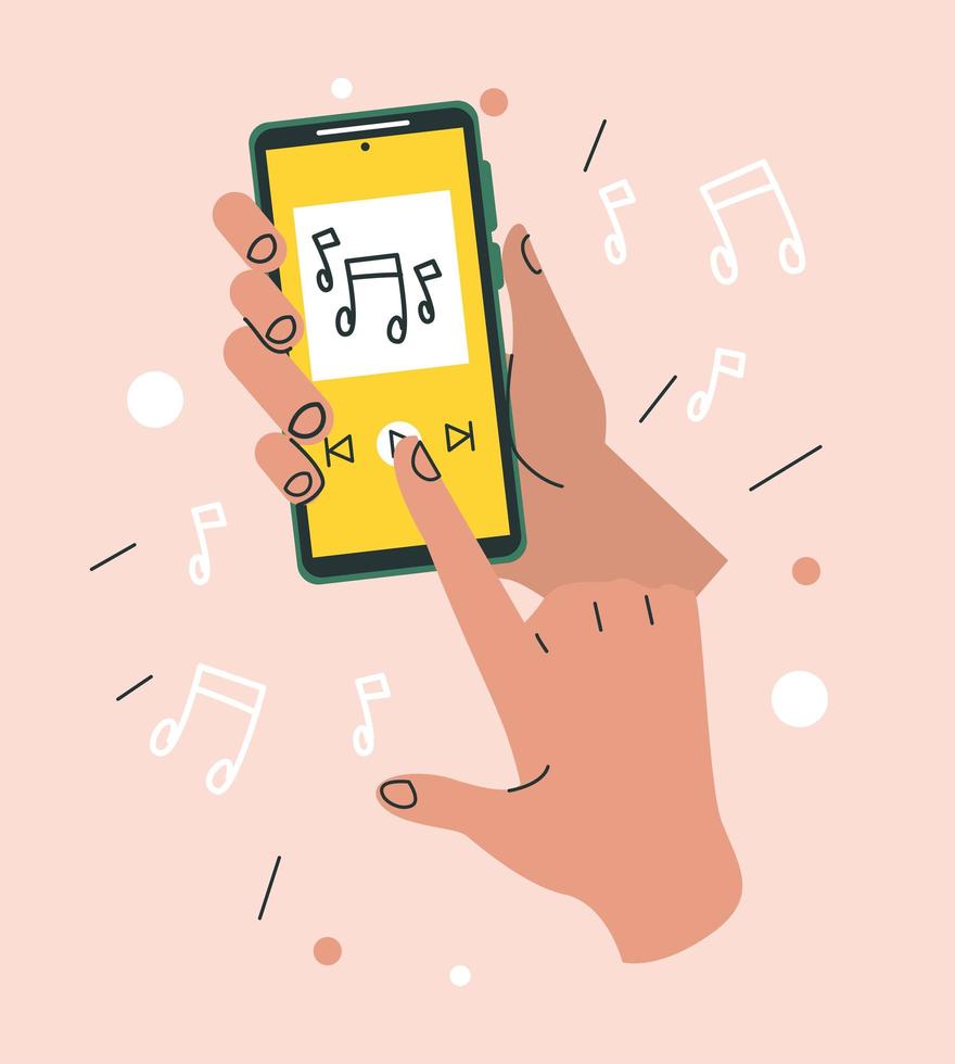 mano usando lo smartphone ascoltando musica vettore