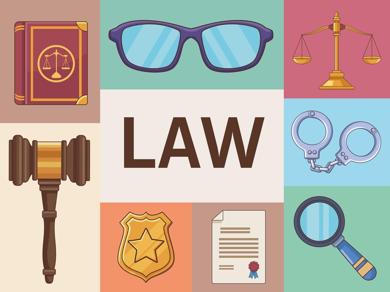 otto icone della legge sulla giustizia vettore