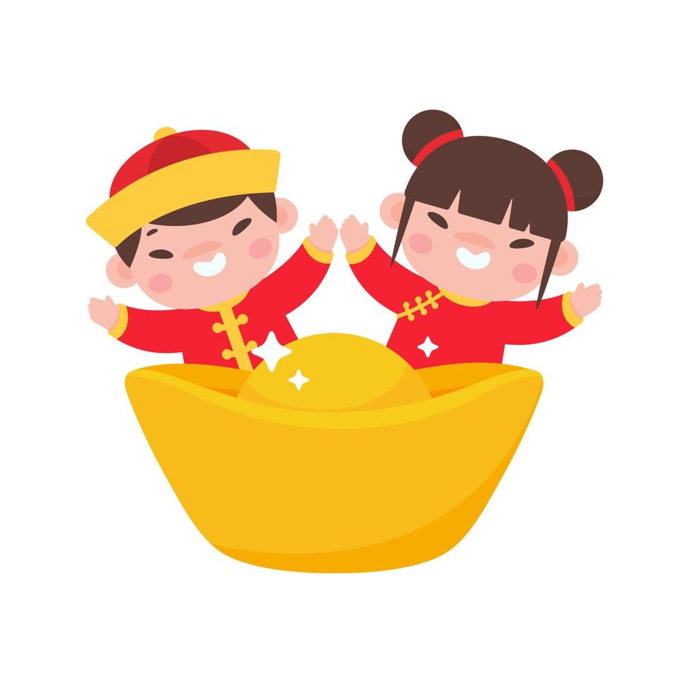 i bambini cinesi indossano costumi nazionali rossi con yuan dorati. vettore