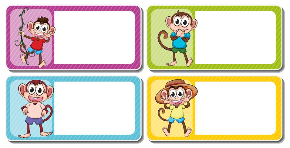 Etichette quadrate con scimmie carine vettore