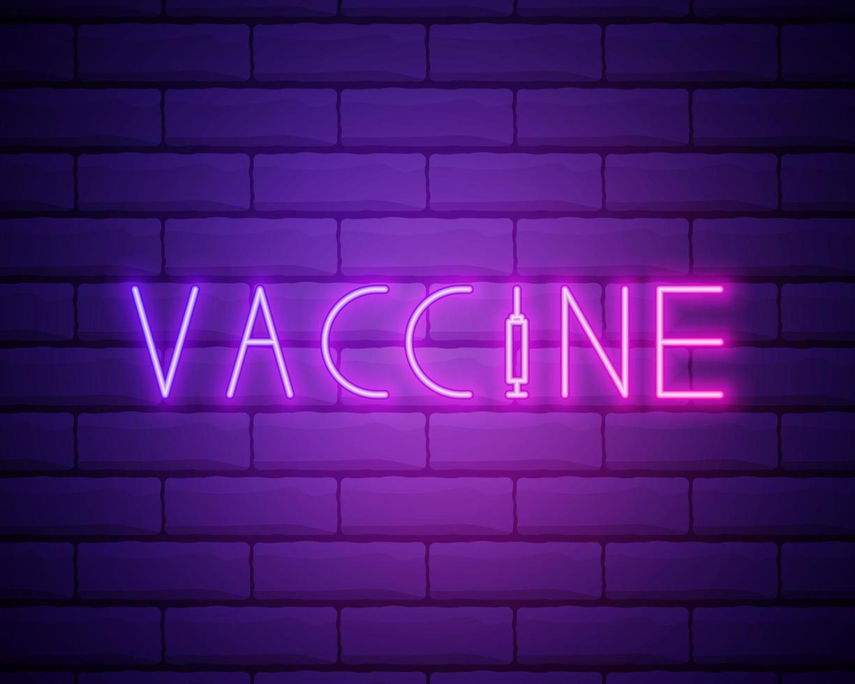 vaccino, coronavirus. logo di design tipografia di iscrizione di concetto. icona al neon. illustrazione vettoriale. vettore