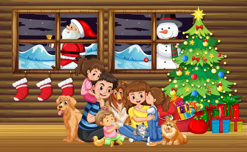 Natale in famiglia in salotto con albero vettore