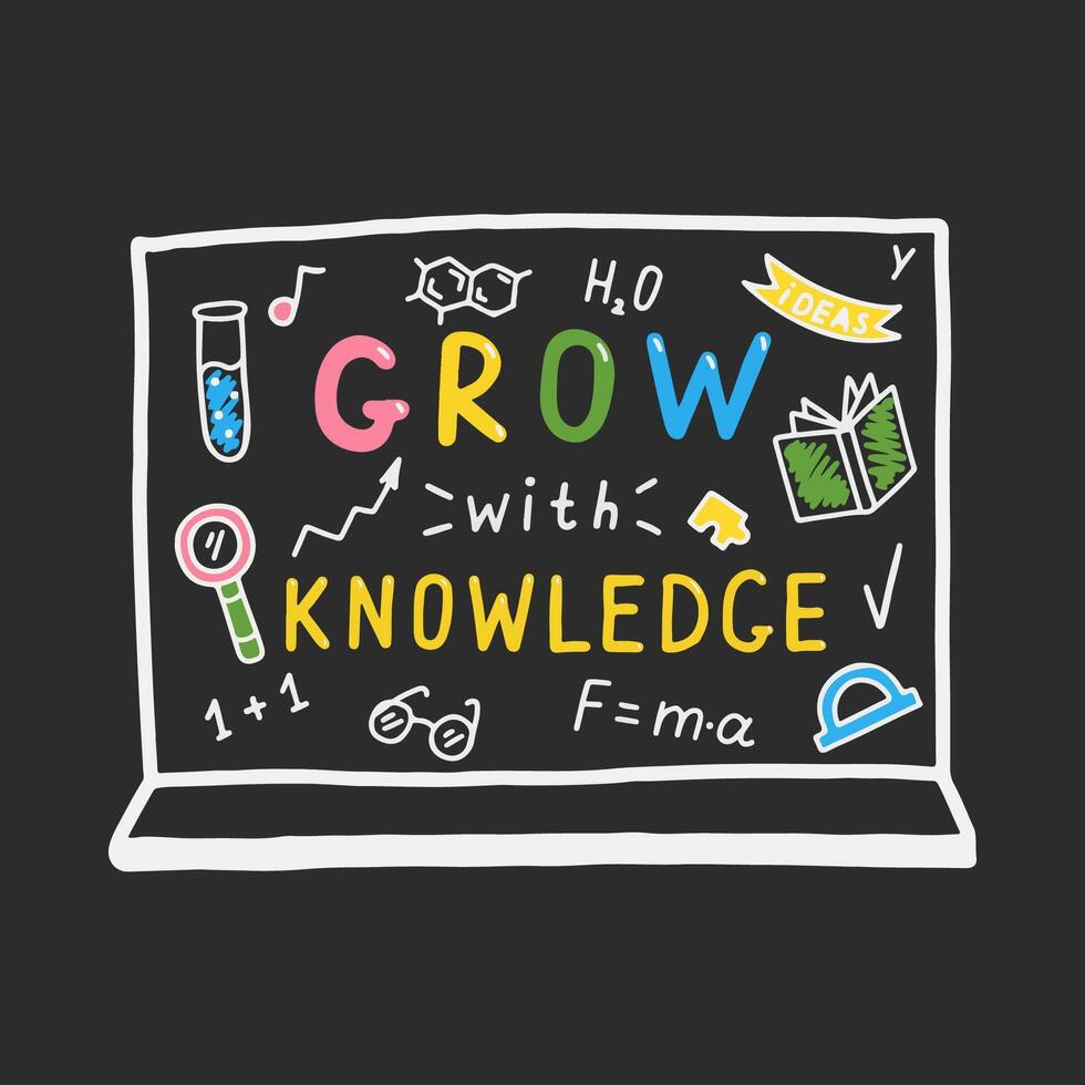 colorato gesso illustrazioni su un' lavagna che rappresentano crescita attraverso conoscenza con scientifico e educativo simboli vettore