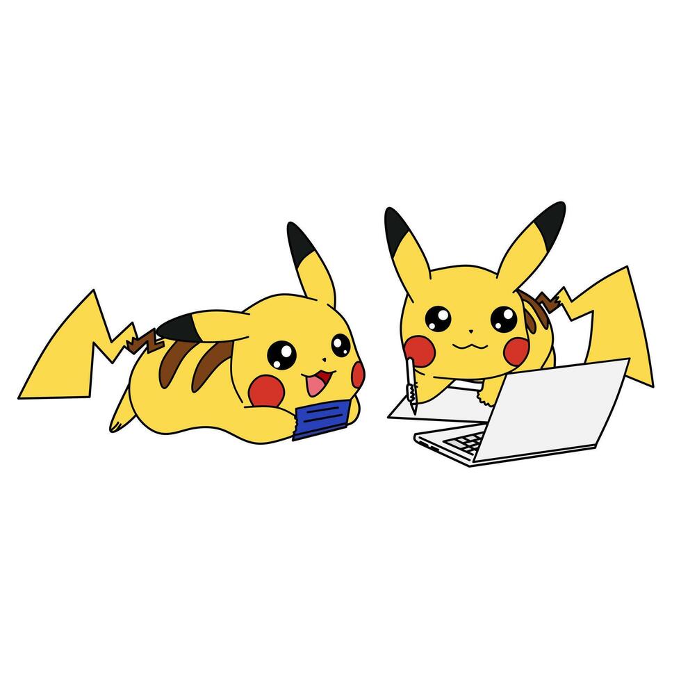 Pokemon personaggio Pikachu Guardando il computer portatile vettore