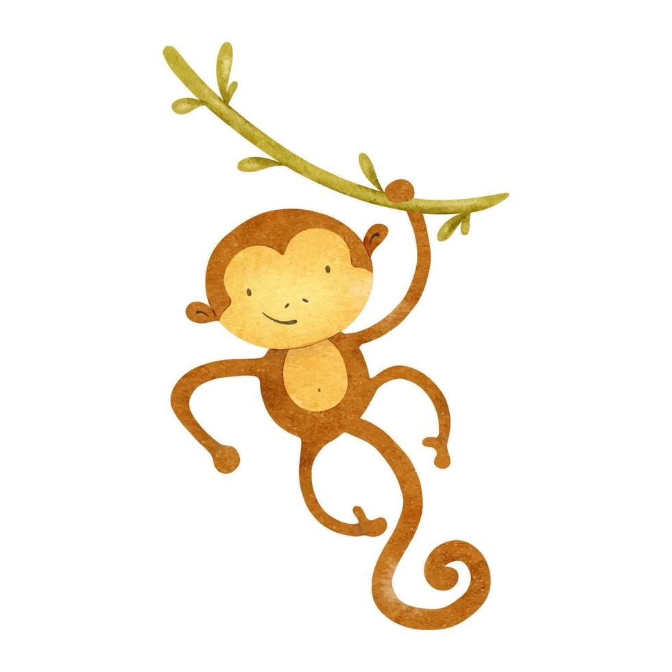 carino bambino scimmia sospeso su liana. isolato mano disegnato acquerello illustrazione di uistitì. africano animale. capretto safari. macaco fordesign bambino doccia, carte, manifesti, capretto merce e camere vettore