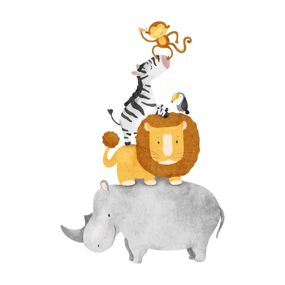 africano animali In piedi su superiore di ogni altro Leone, rinoceronte, zebra, tucano e scimmia. divertente capretto isolato mano disegnato acquerello illustrazione. per carte, bambino doccia, manifesti, capretto merce e camere vettore