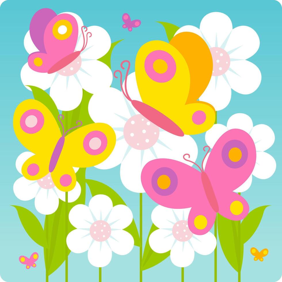 farfalle e fiori. colorato farfalle volante in giro bianca fiori nel primavera. vettore