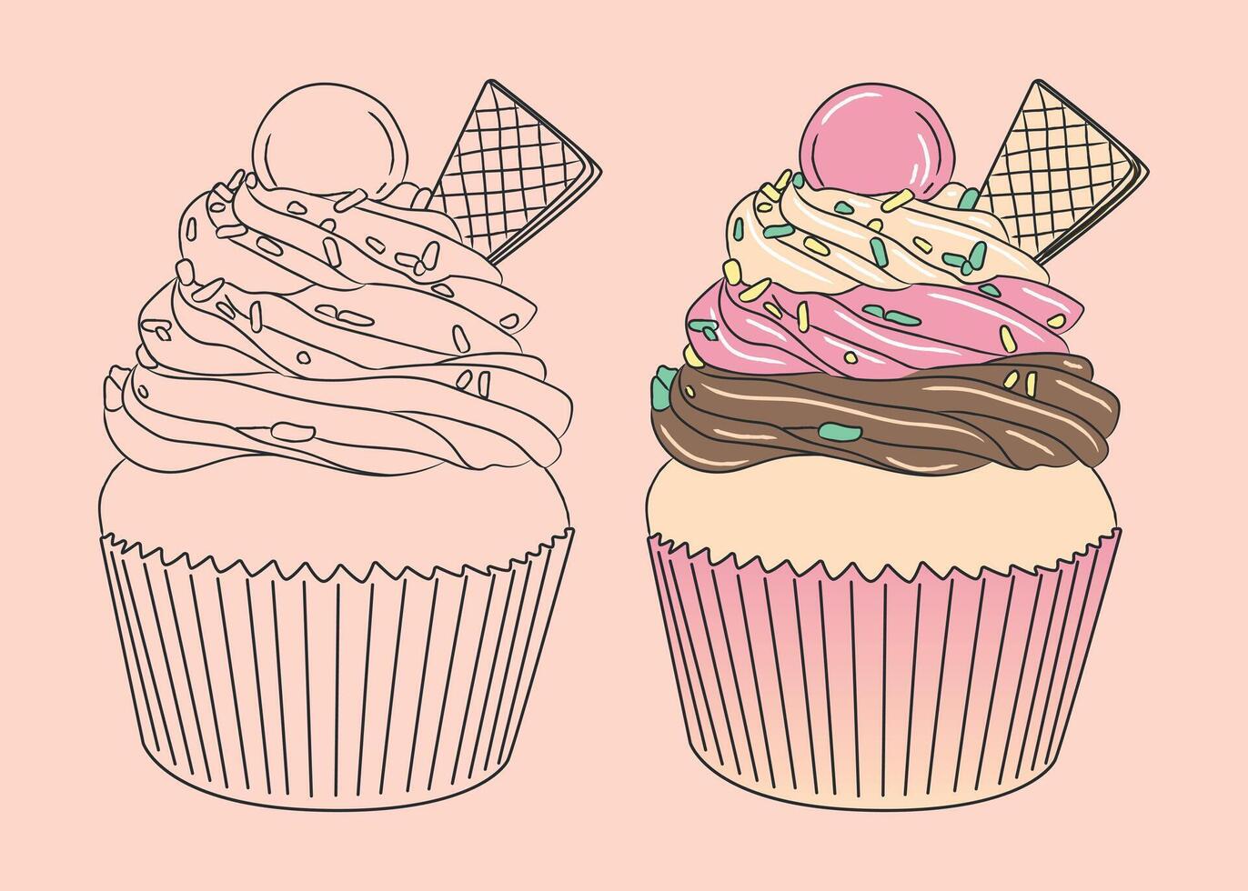 mano disegnato Cupcake con caramella e un' fetta di cialda vettore