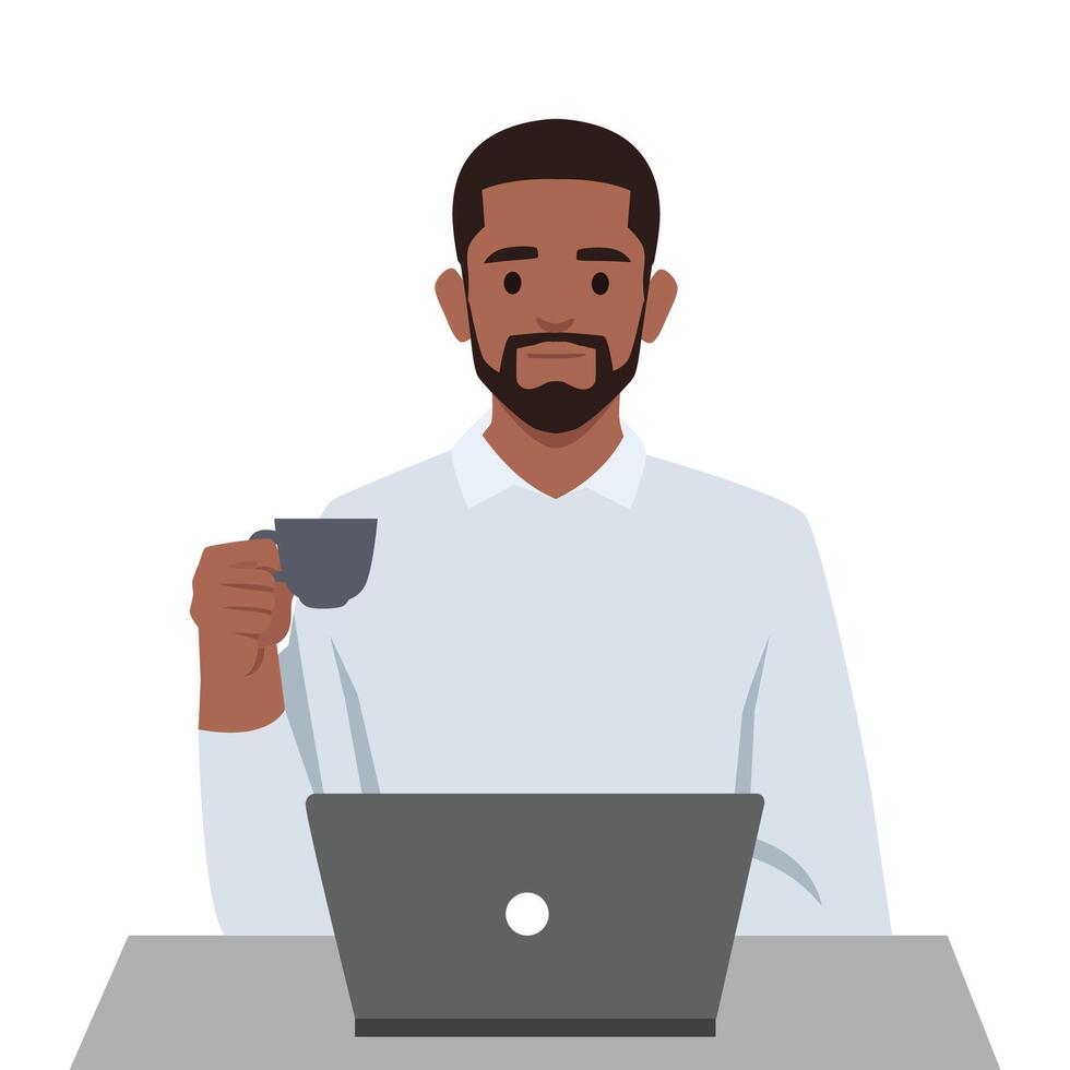 giovane uomo imprenditore nel un' completo da uomo Lavorando su un' il computer portatile computer a il suo scrivania Tenere caffè tazza. vettore