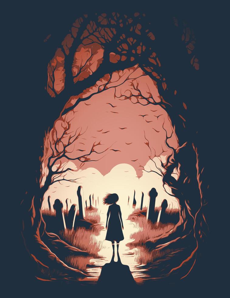 silhouette di un' bambino nel un' misterioso foresta a crepuscolo vettore