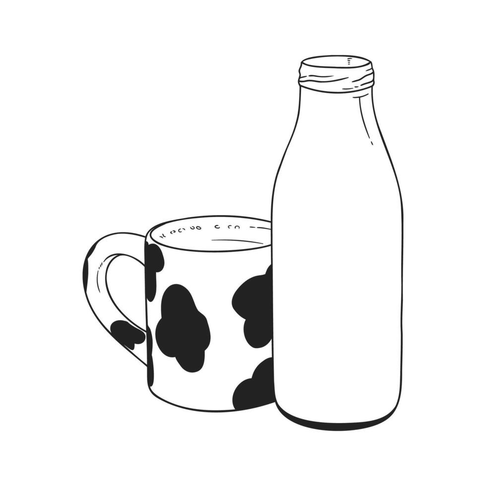 latte bottiglia e mucca Stampa boccale linea arte vettore