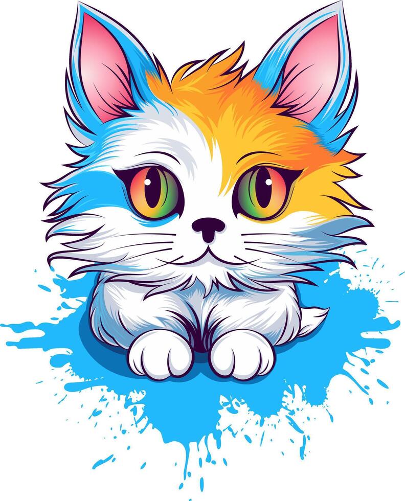 gatto con grande espressive occhi - gatto con un' colorato viso seduta su un' blu superficie, illustrazione vettore