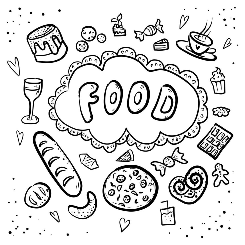un' nero e bianca disegno raffigurante cibo elementi vettore