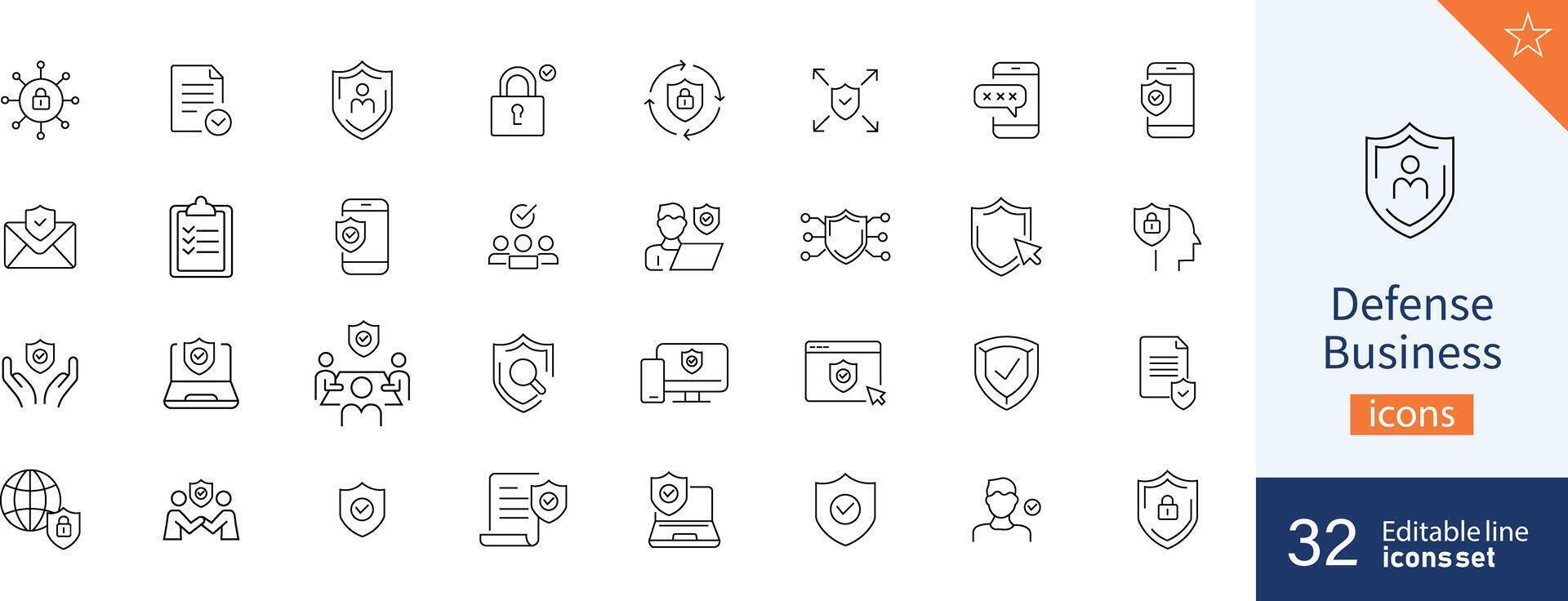 impostato di 32 difesa attività commerciale ragnatela icone nel linea stile. computer, icona, sicurezza, sicurezza, servizio. illustrazione. vettore