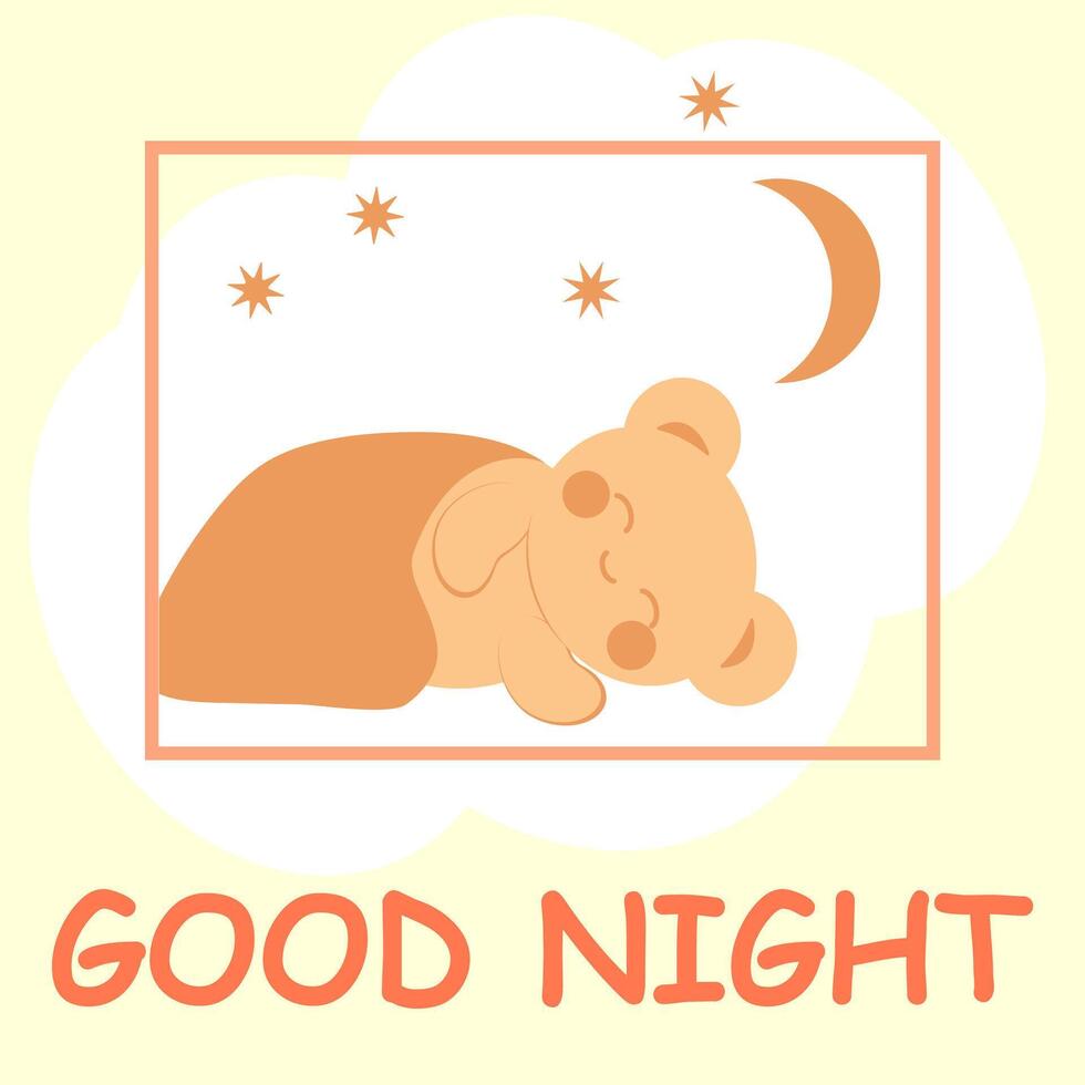 carino allegro orsacchiotto orso nel kawaii stile dorme sotto un' coperta contro il fondale di il Luna e stelle. bene notte.. minimalista universale carta. vettore
