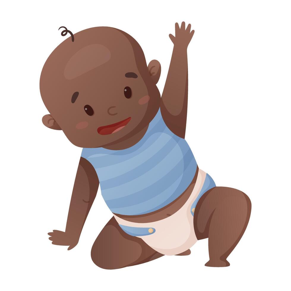 illustrazione di un' neonato africano americano bambino ragazzo nel un' pannolino seduta o strisciando isolato su bianca. vettore