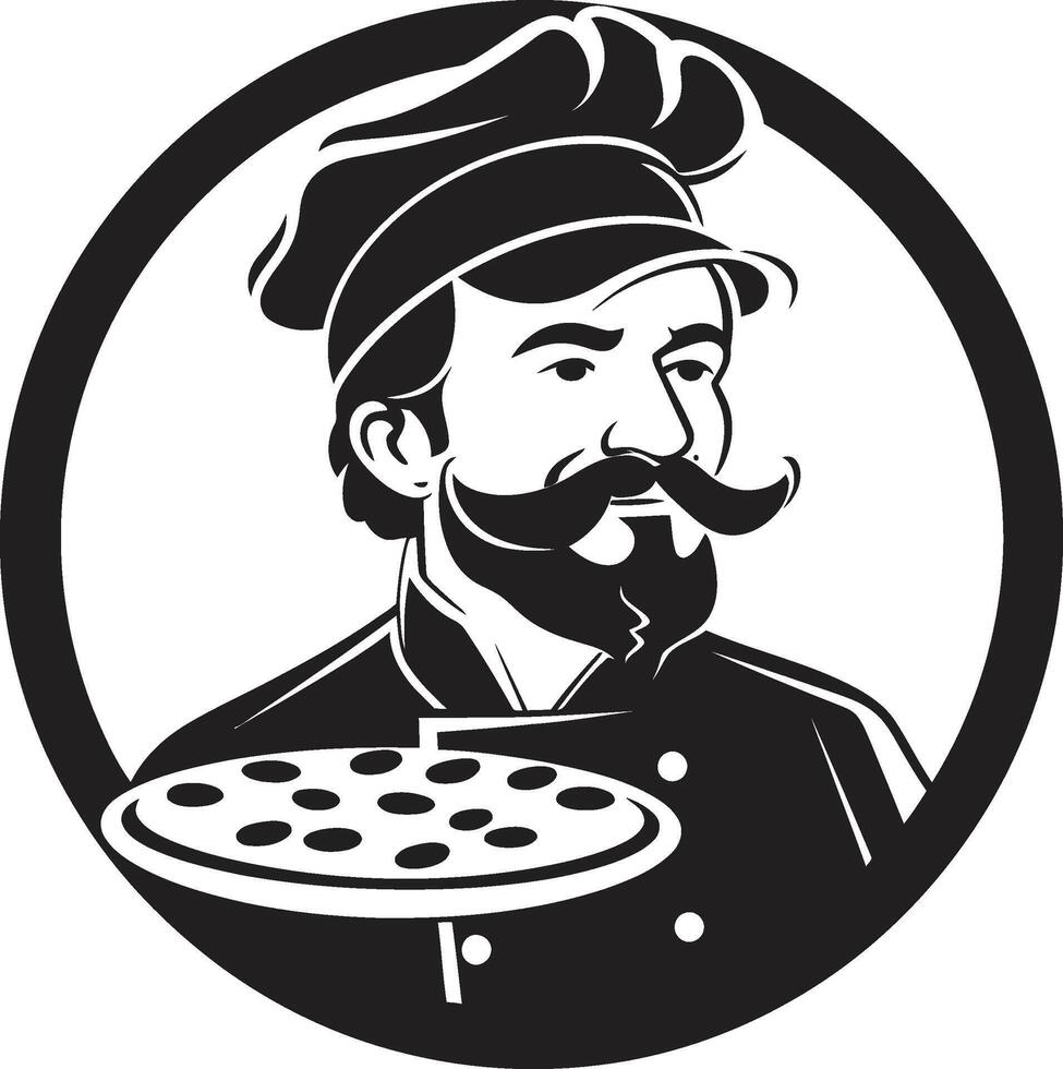 gusto sensazione elegante nero logo design con elegante Pizza capocuoco arte acquolina in bocca maestro intricato illustrazione nel noir nero vettore