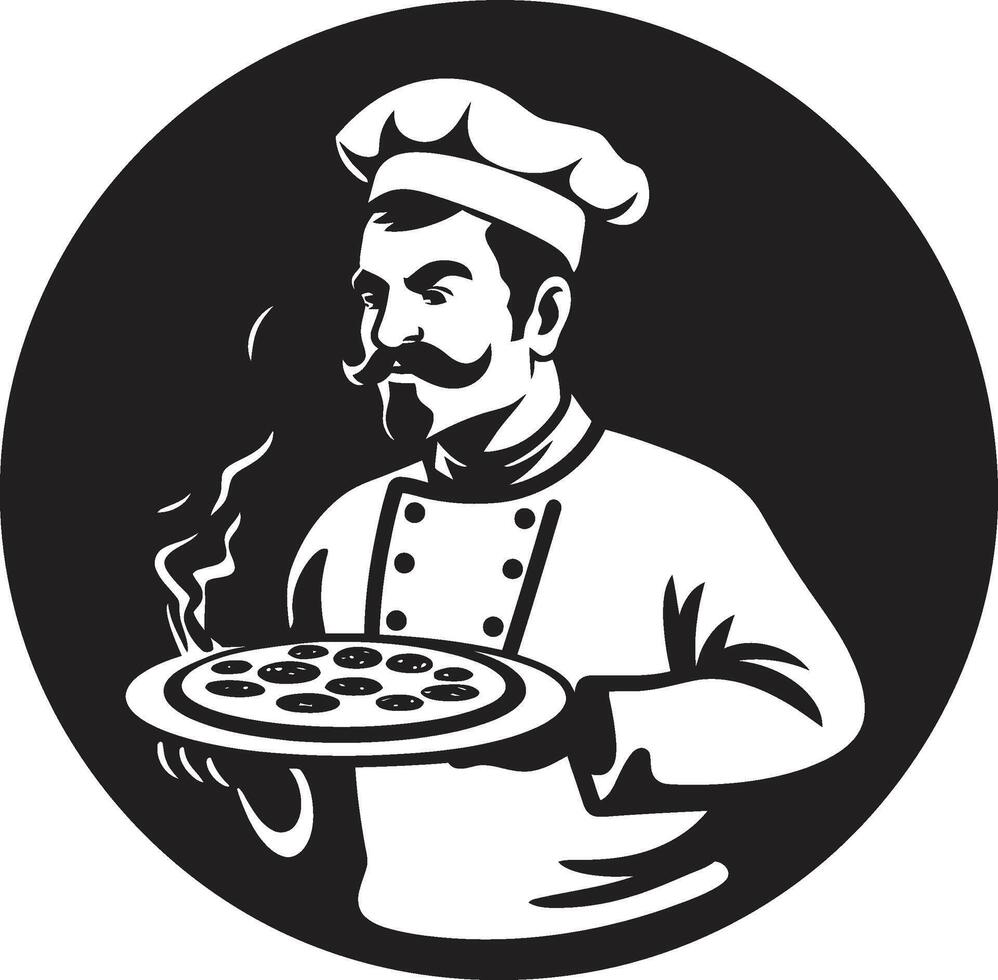 culinario padronanza intricato nero emblema per un' moderno pizzeria Guarda artigianale pizzaiolo elegante icona con elegante Pizza silhouette vettore