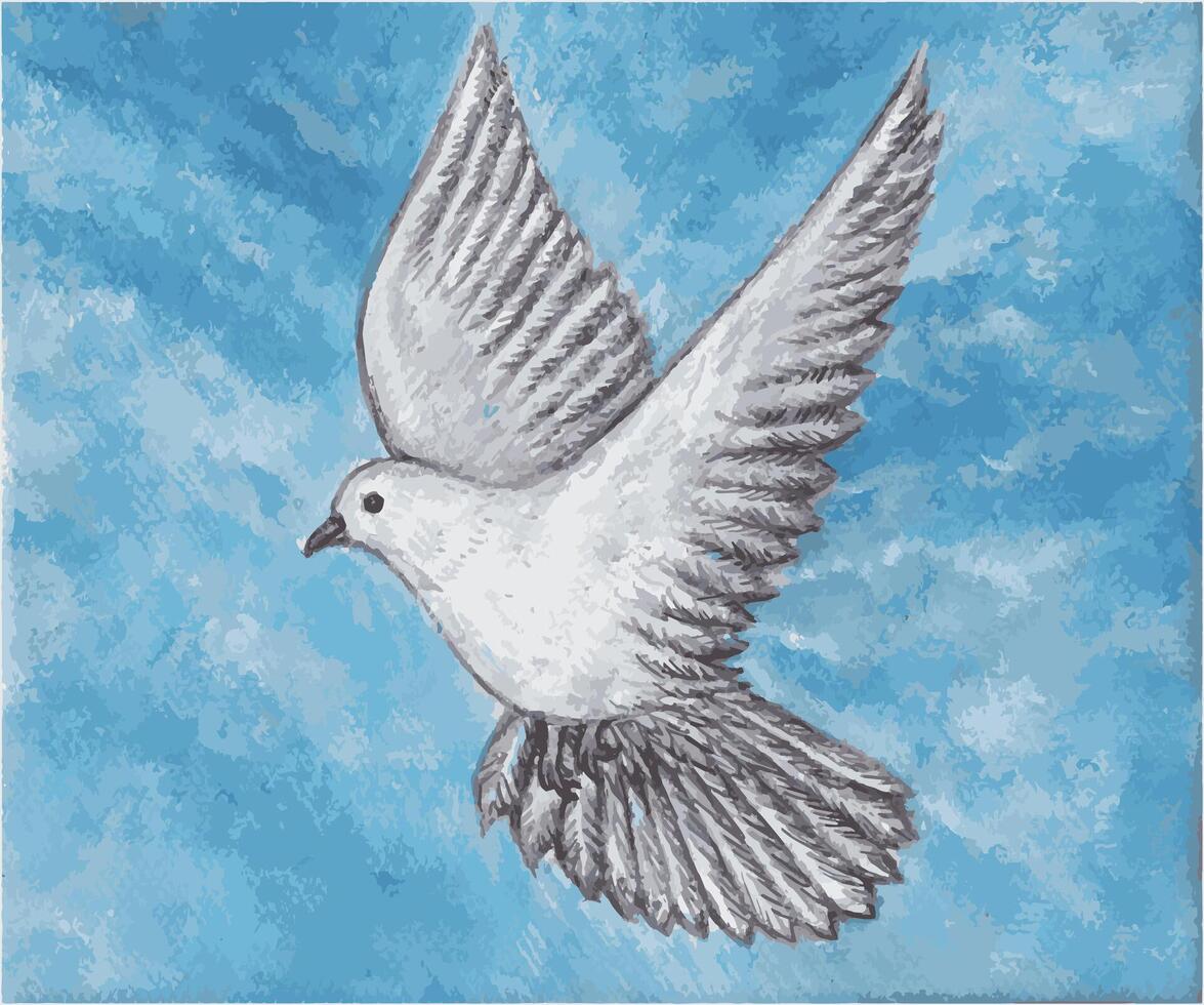 grazioso colomba nel volo la pittura. dipinto a mano illustrazione di un' sereno colomba nel volo contro un' blu cielo. vettore