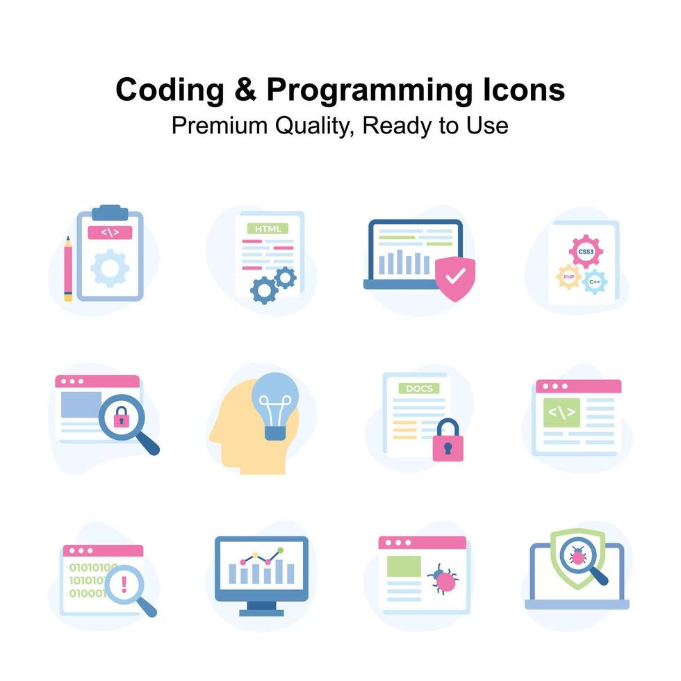 codifica e programmazione premio qualità icone impostare, pronto per uso S vettore