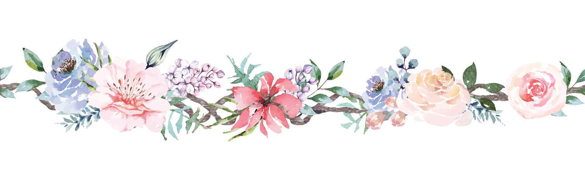 senza soluzione di continuità fiore bordo.floreale modello con foglia e rosa.botanica floreale bordo adatto per decorazione carte, invito nozze. vettore