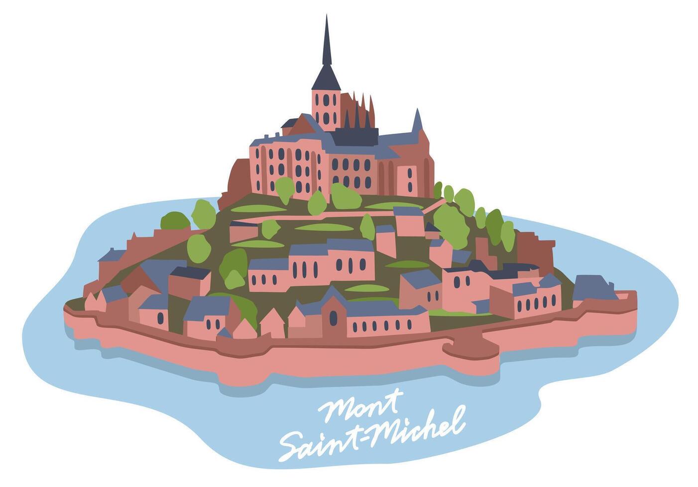 Mont-Saint-Michel, roccioso isolotto e famoso santuario nel manche dipartimento, Normandia regione, Francia. isolato illustrazione con lettering vettore
