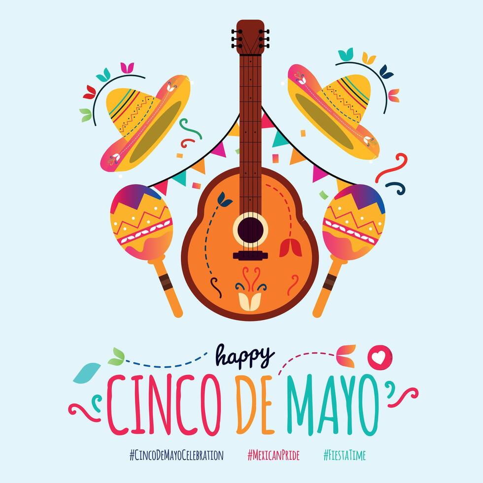 cinco de maionese. cinco de mayo celebrazione inviare con colorato messicano tradizionale cappello, chitarra, maracas, sospeso decorazioni elementi. 5 Maggio cinco de mayo saluto carta vettore