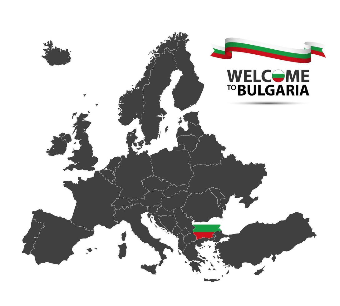 illustrazione di un' carta geografica di Europa con il stato di Bulgaria nel il aspetto di il bulgaro bandiera e bulgaro nastro isolato su un' bianca sfondo vettore