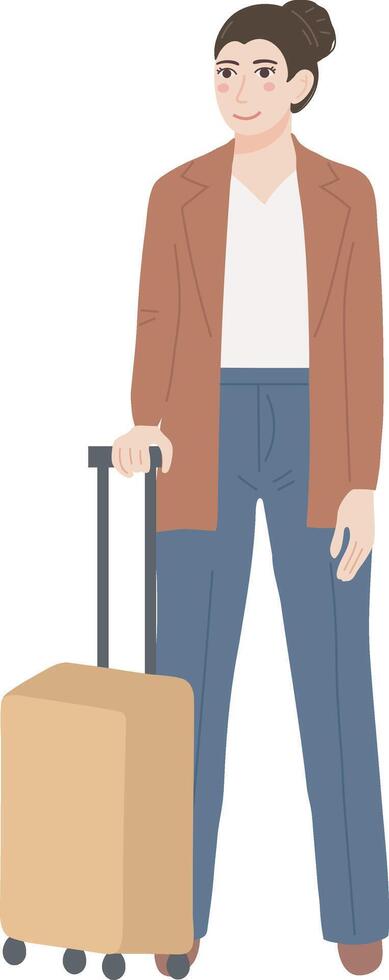 attività commerciale femmina viaggiatore con valigia turista viaggio personaggio illustrazione grafico cartone animato arte vettore