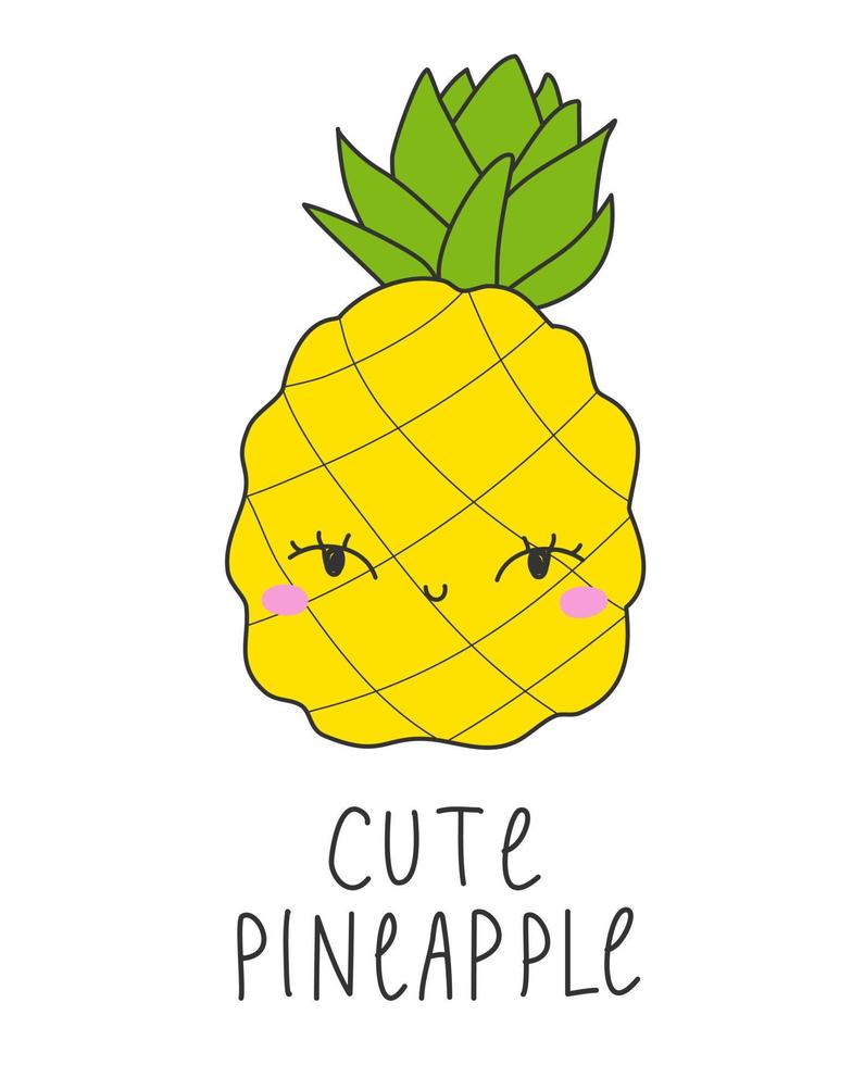 il simpatico testo di ananas ti auguro una buona giornata. personaggio dei cartoni animati per bambini su uno sfondo isolato. stampa, banner, brochure. vettore