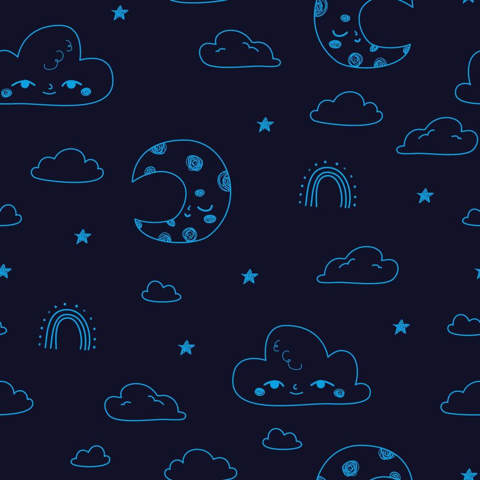 modello carino con arcobaleni stelle luna nuvole nello spazio. carta blu per scrapbooking doodle cosmo. vettore