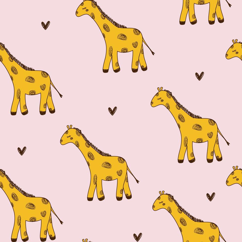 carino giraffa linea doodle con cuori neri modello rosa senza soluzione di continuità per i bambini. vettore