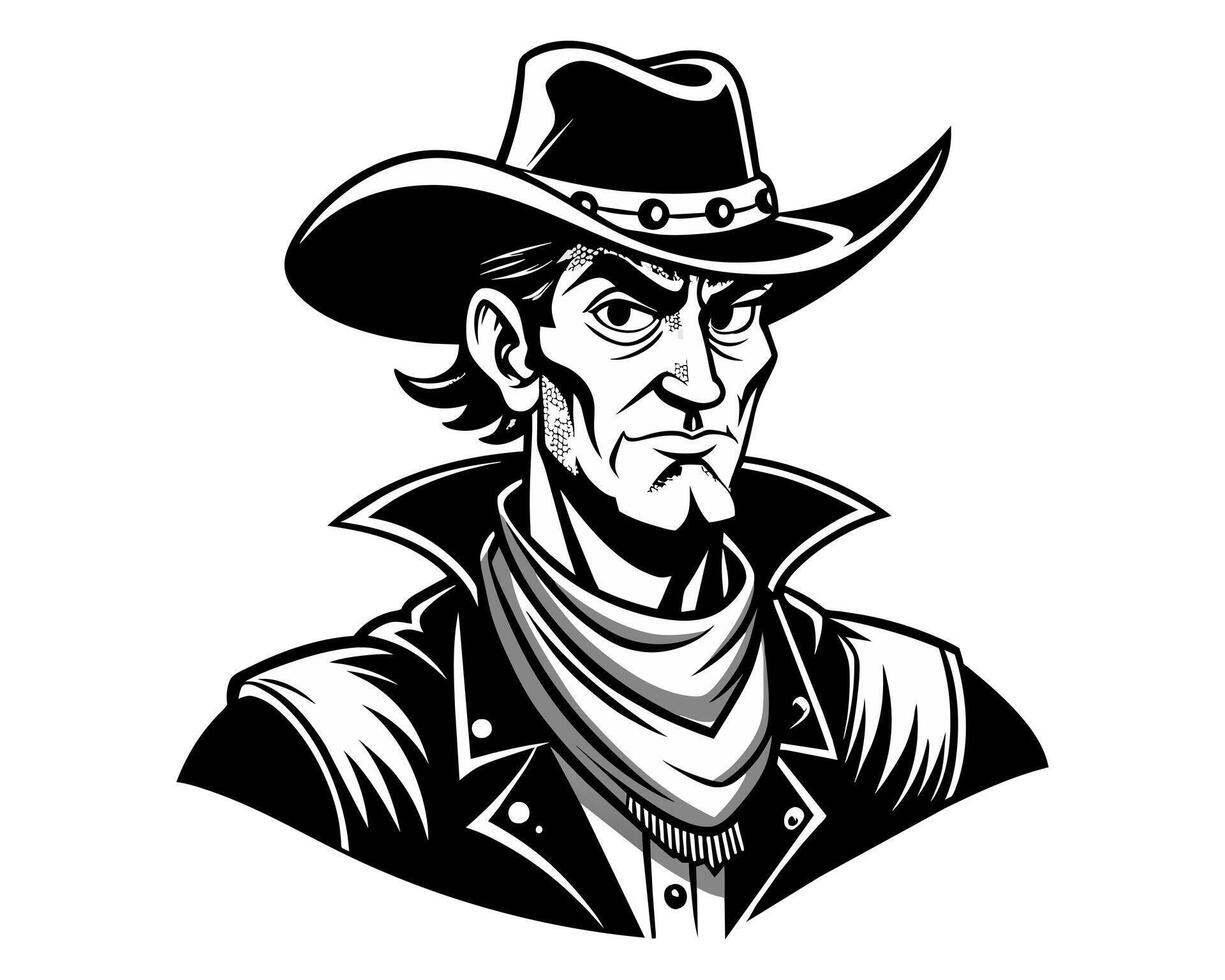 illustrazione di un' cowboy. ritratto di uomo nel cappello nel nero e bianca. isolato su bianca sfondo. concetto di americano ovest, aspro Guarda, e eredità moda. logo, etichetta design vettore