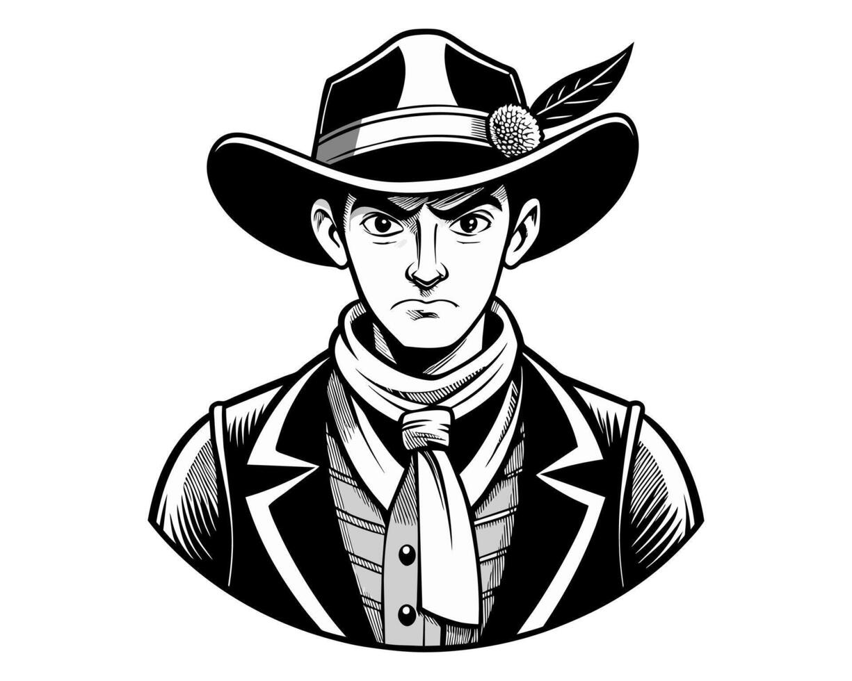 giovane cowboy ritratto nel nero e bianca. monocromatico di un' tipo con un' cappello. isolato su bianca sfondo. concetto di occidentale cultura, maschile stile, Vintage ▾ americana. logo, etichetta design vettore