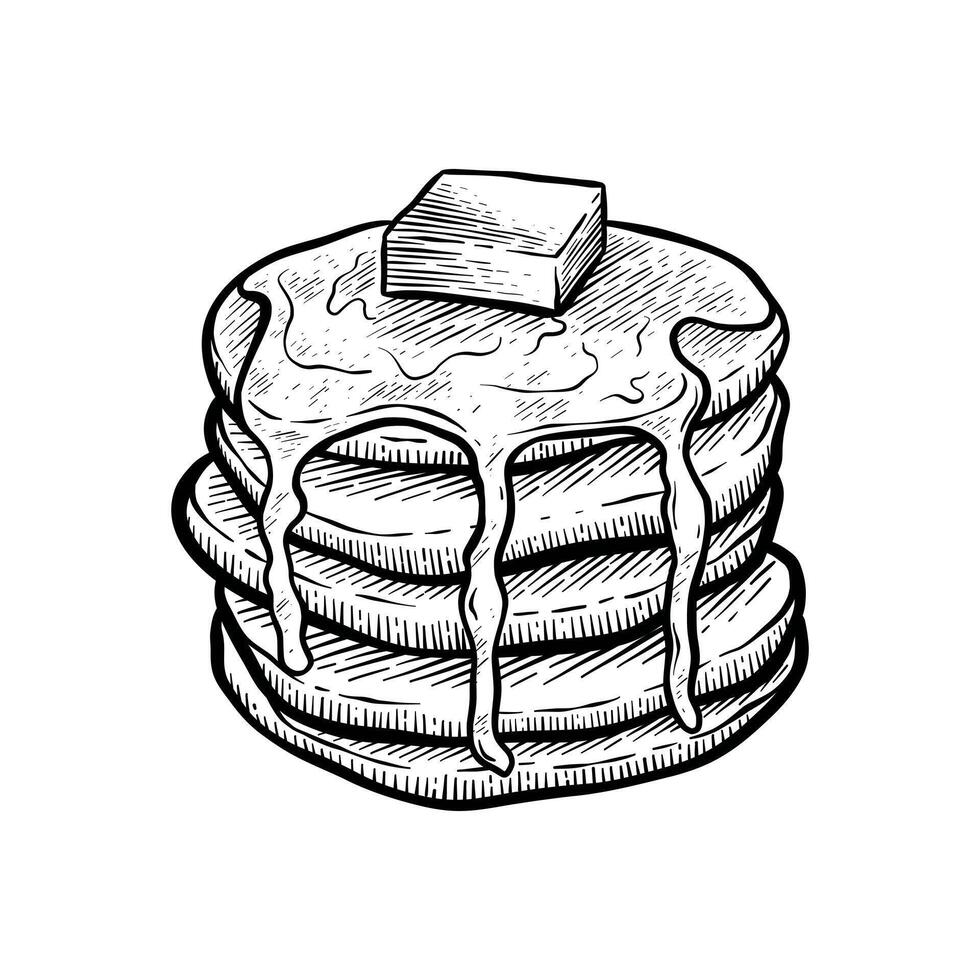 mano disegnato illustrazione di Pancakes con burro e sciroppo su superiore vettore