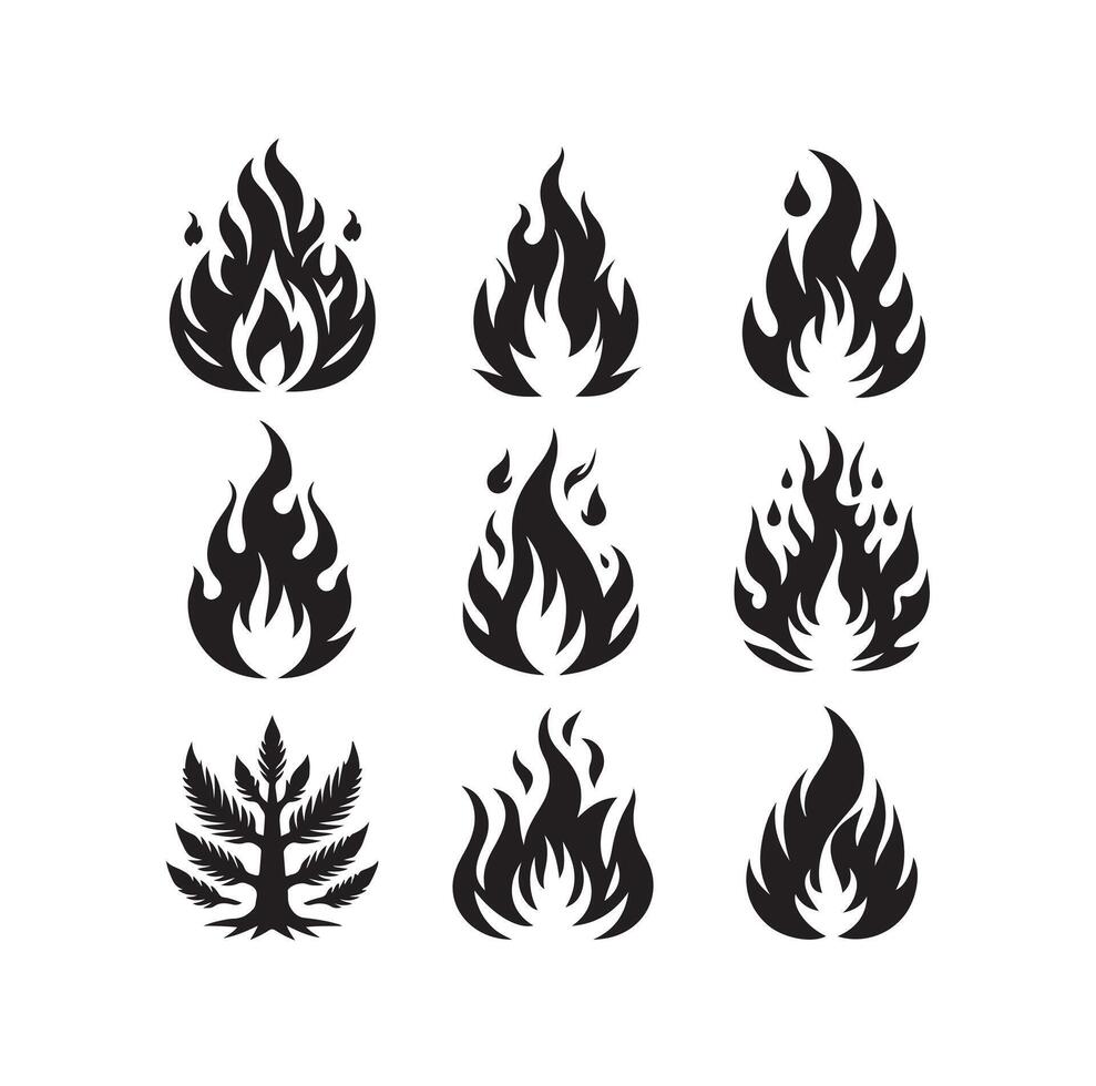 fuoco fiamma silhouette icona impostato illustrazione vettore