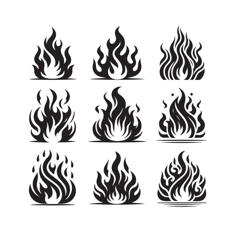 fuoco fiamma silhouette icona impostato illustrazione vettore