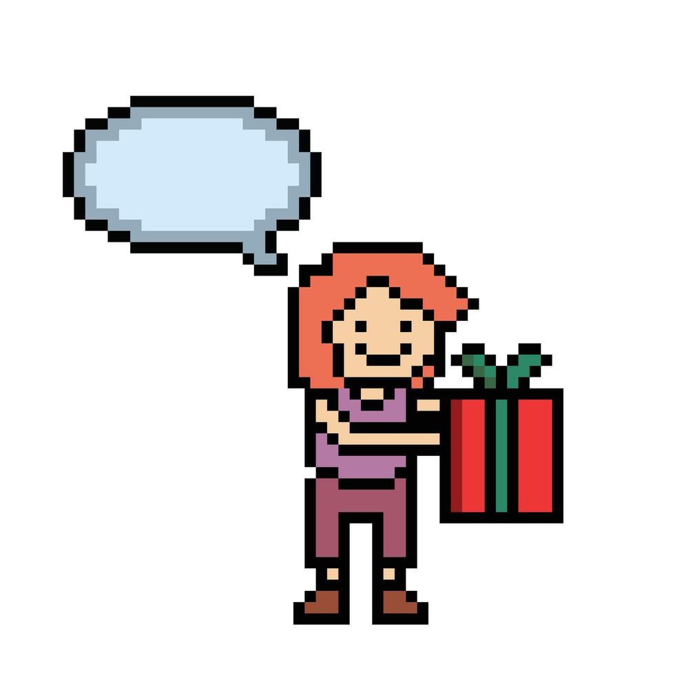 carino pixel cartone animato 8 bit personaggio donna hold regalo scatola con chatblank decorazione 8 po femmina ragazza dare regalo scatola shopping compleanno Natale gioco. vettore