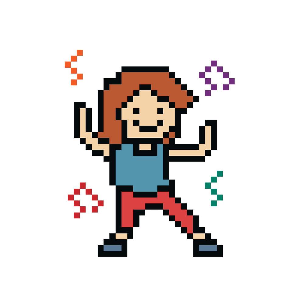 carino pixel cartone animato 8 bit personaggio donna esercizi formazione danza stile di vita decorazione vita stile 8 po femmina ragazza danza con musica Nota gioco fitness . vettore