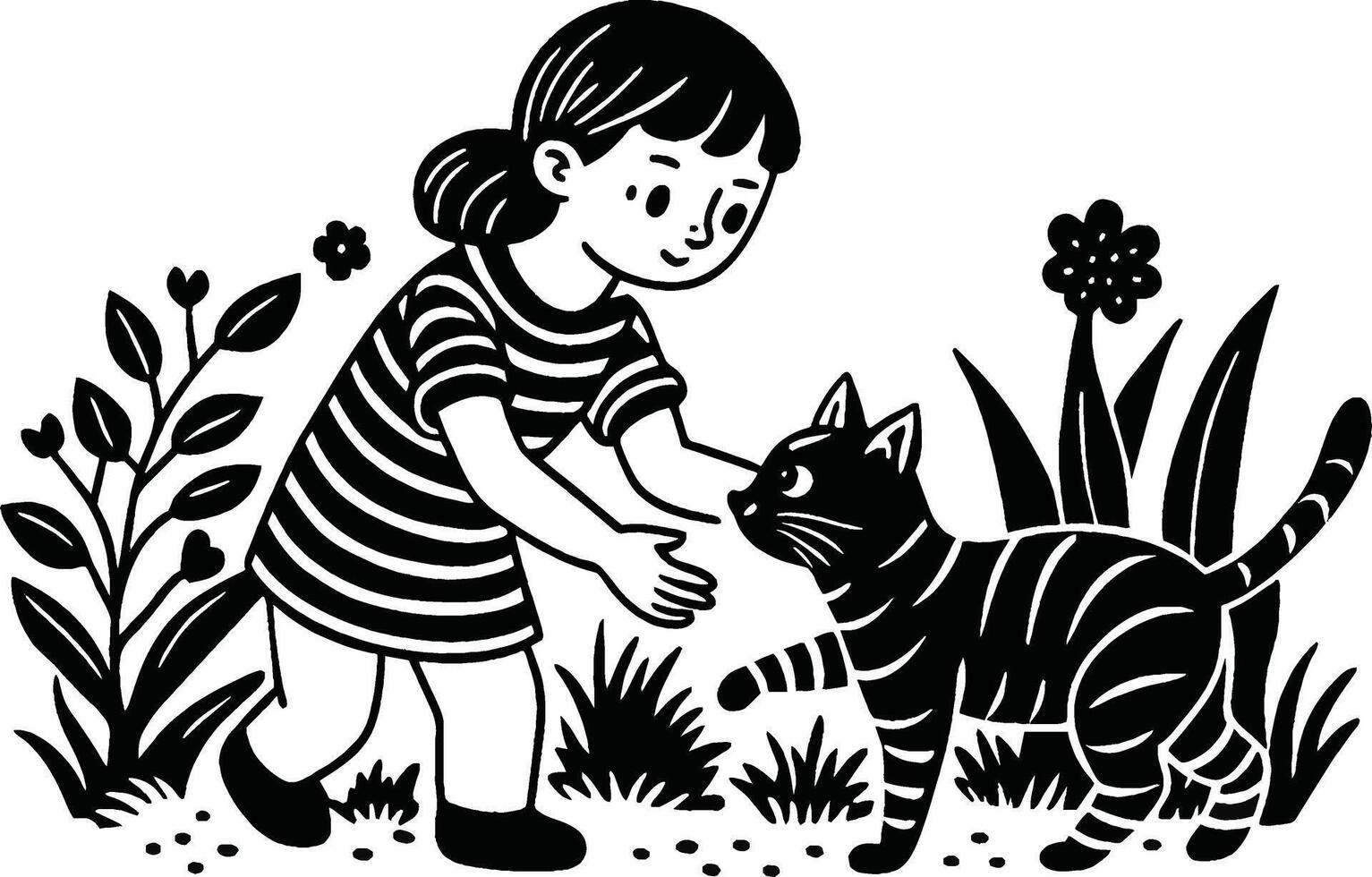 un' nero e bianca illustrazione di un' ragazza petting un' gatto vettore